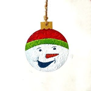 ORIGINAL Hand Painted Textured Snowman Art Glitter Round Wood Christmas Ornament